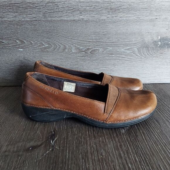 Merrell Apure Saddle Loafers Women's Size 9 Brown Leather Casual Slip Ons - Picture 1 of 13
